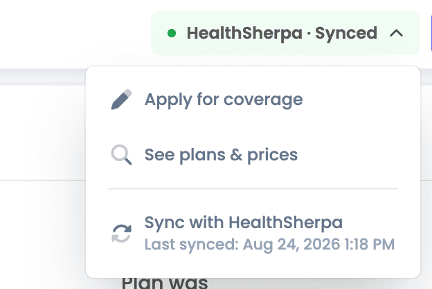 Menú de HealthSherpa sincronizado dentro de Apizeal
