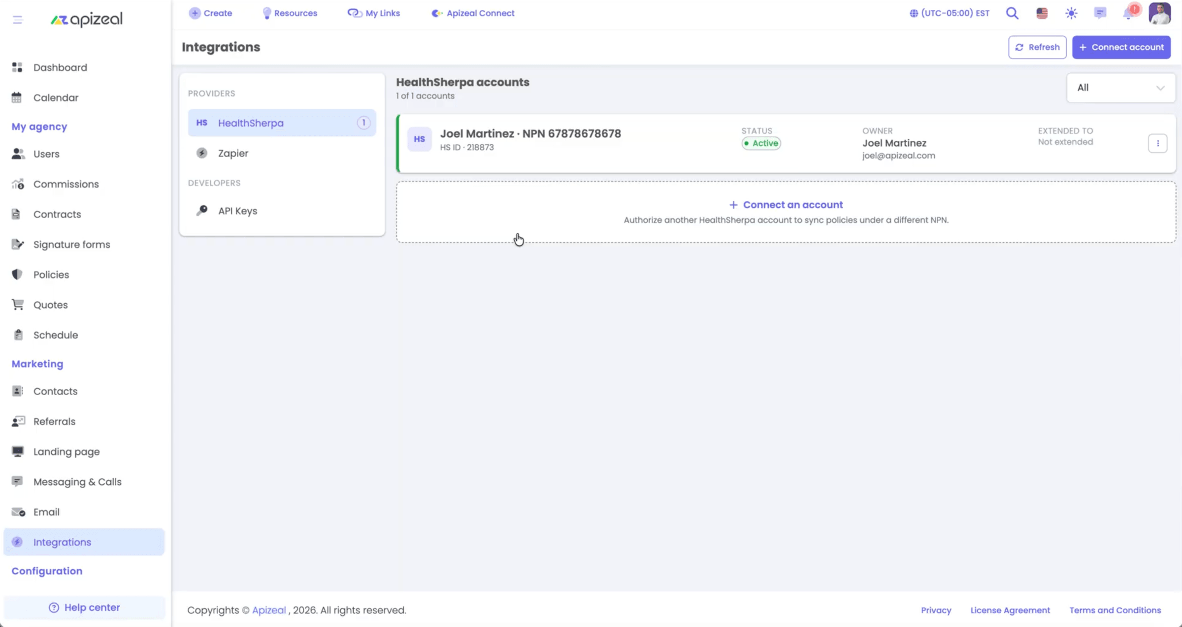 Página de Integraciones en Apizeal con cuentas de HealthSherpa